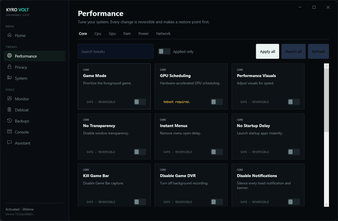 Kyro Volt app, the Performance tweaks page with reversible one-click toggles